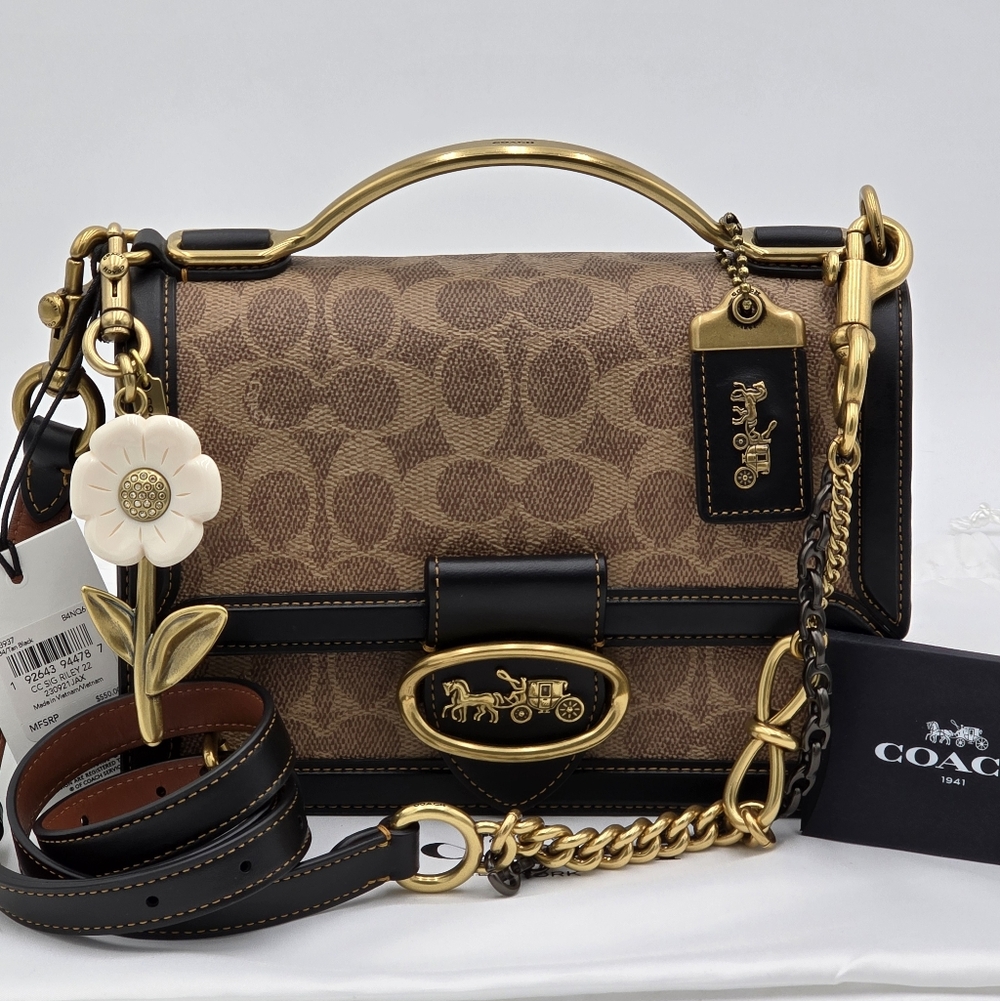 💥NWT💥Coach Riley Top Handle 22 In  Signature Canvas Tan/Black